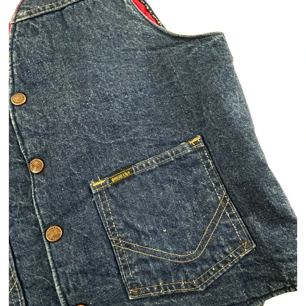 Vintage Roebucks Denim Jean Vest Red Quilted Lining Size Small